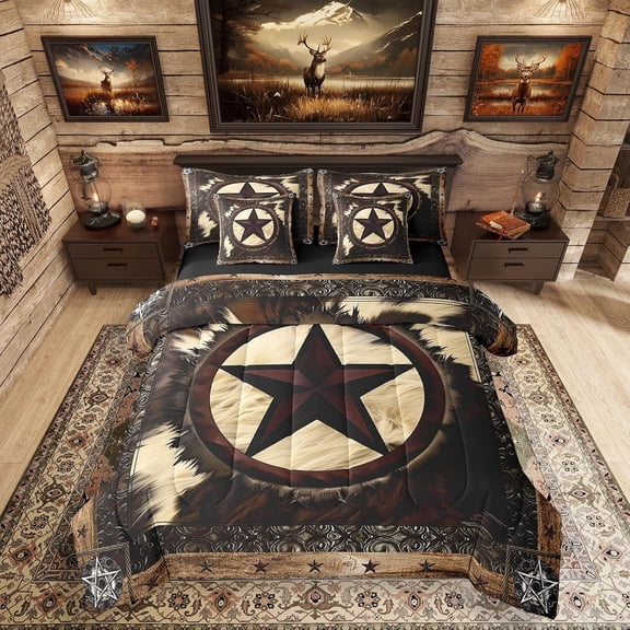7 Pcs Rustic Cow Comforter Set King Size,Western Texas Star Bed in a Bag with Flat Fitted Sheet for Cowboy Cowgirl,Cowhide Cow Print Bedding Set with Pillowcases and Cushion Cases