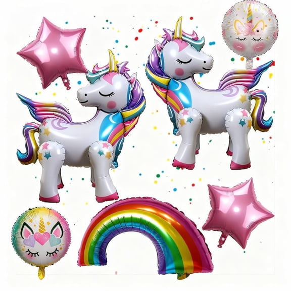 jQMUHLC 7 Pcs Self Standing Unicorn Balloons Set 3D Rainbow Foil Balloons,No Helium Needed Unicorn Party Supplies for Girls Birthday Decorations