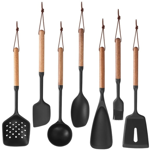 Jetcloudlive 7 Pcs Silicone Cooking Utensil Set with Wood Handle Heat Resistant Kitchen Utensil Set Nonstick Cookware Friendly Suitable for Kitchen