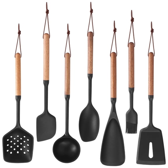 Jetcloudlive Silicone Cooking Utensils Set of 7, Heat Resistant BPA Free Kitchen Utensil Set with Wood Handle for Nonstick Cookware