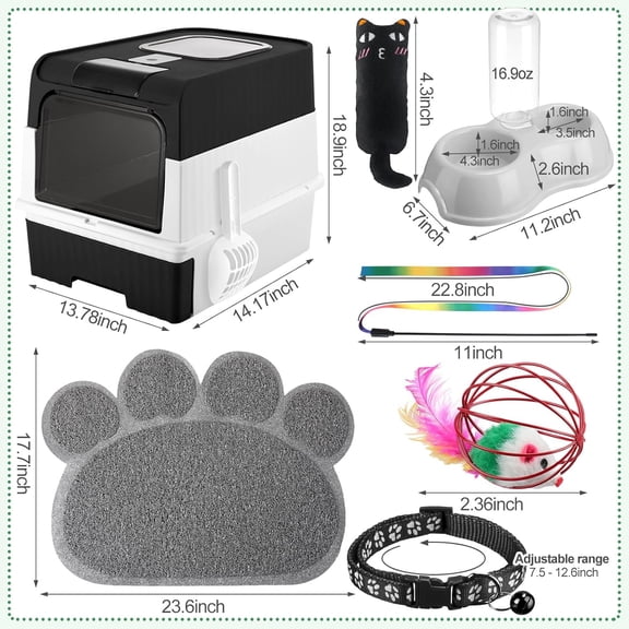 7 Pcs Small Cat Kitten Starter Kit Cat Litter Box with Shovel Paw Litter Mat Double Automatic Bowls Toy Teaser Stick Kitten Collar Essentials Kits for 1-3 Lbs Beginner(Black)