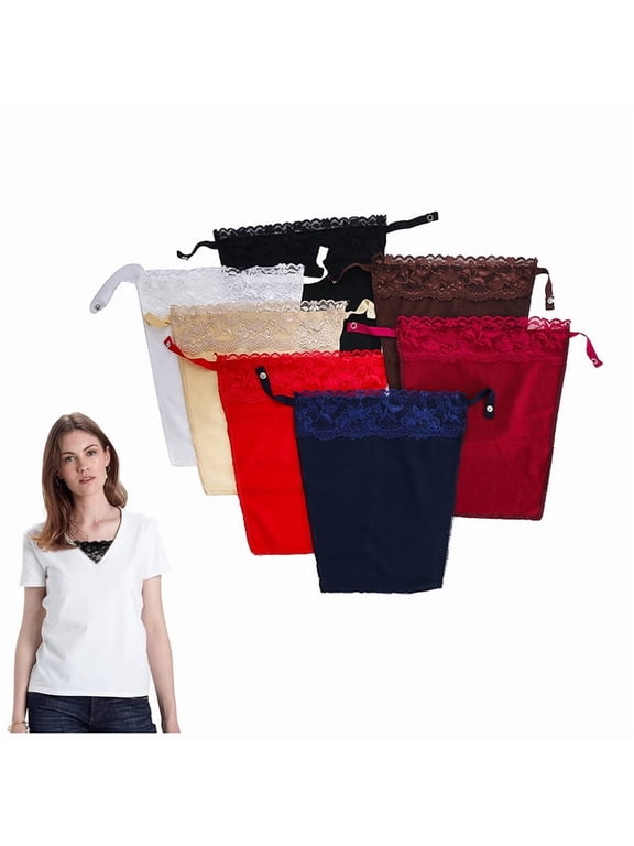 7 Pcs Soft Floral Lace Clip-On Modesty Panels with Wide Stay-Put Design - Scalloped Edge Invisible Mock Camisole Bra Inserts, Anti-Peep Privacy Cover Up for V Neck & Deep V Tops, Dresses