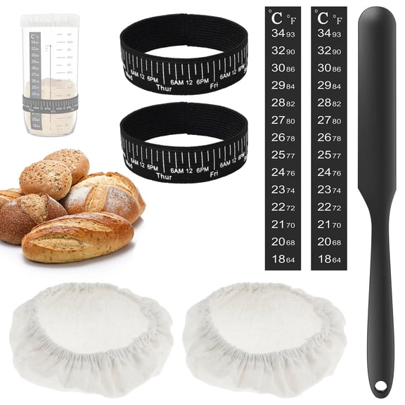 7 PCS Sourdough Bread Baking Supplies with 2 Date Marked Feeding Band 2 Temperature Test Strips 1 Black Stirrer 2 Cloth Cover Reusable Sourdough Bread Baking Supplies