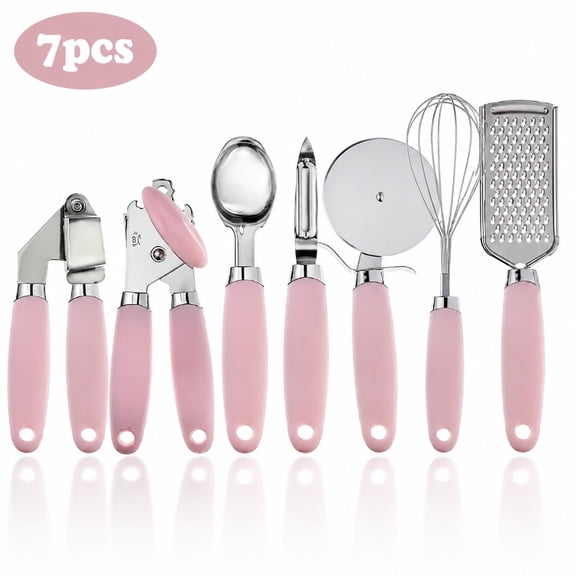 7 Pcs Stainless Steel Kitchen Utensil Set, Black or Pink Cooking Tools with Garlic Press, Can Opener, Whisk, Grater, Peeler, Ice Cream Scoop and Pizza Cutter, Summer Housewarming Gift