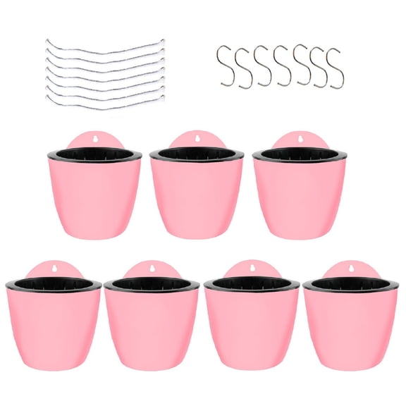 7-Pcs Wall-Mounted Plastic Plant Pots Decorative Flowerpots with Hooks & Absorbent Cotton Threads, Automatic Watering Plant Flowerpot 7.1 inches 7.1" Pink