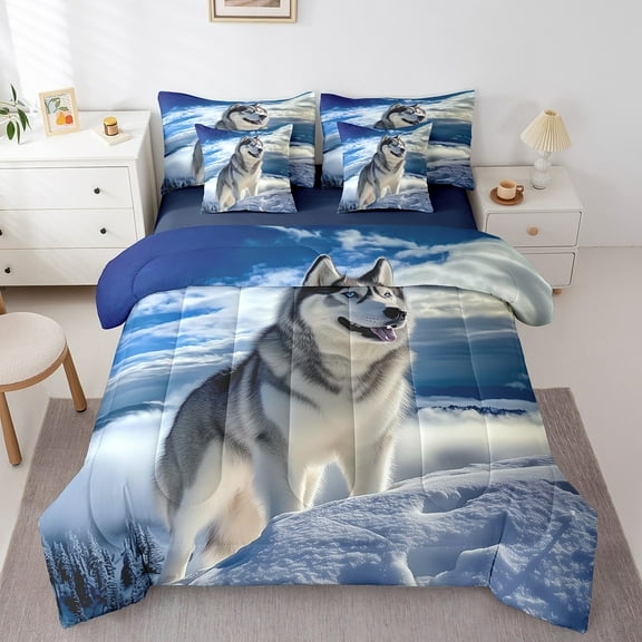 7 Pcs Wolf Comforter Set,Winter Snowy Mount Iceberg Blue Sky View Bedding Set,Natural Wild Animal Photography Style Bed Set(Comforter+Fitted+Flat Sheet+Pillowcases+Pillow Covers),Queen