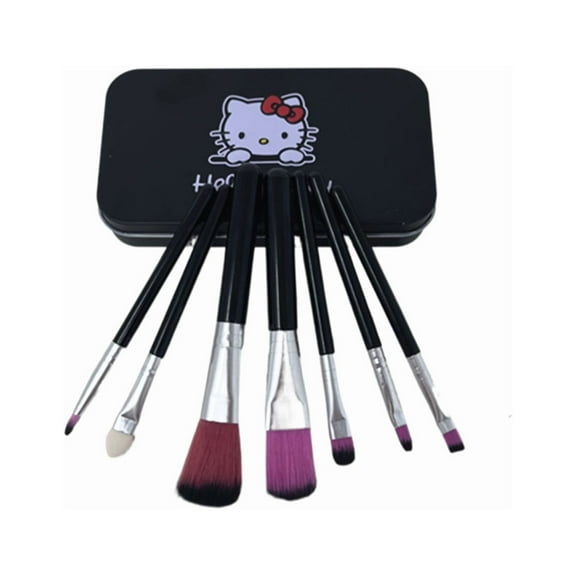 7 Pcs of Hello Kitty Makeup Brushes Set with Black Metal Box, Great Christmas Gift (Black)
