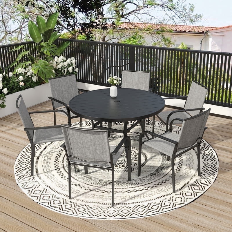 7-Peices Outdoor Patio Dining Set Stacking Chairs and 48" Round Table Furniture Set for 6 Person