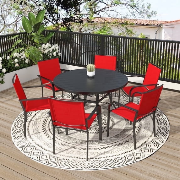 7-Peices Outdoor Patio Dining Set Stacking Chairs and 48" Round Table Furniture Set for 6 Person