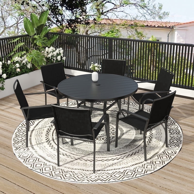 7-Peices Outdoor Patio Dining Set Stacking Chairs and 48" Round Table Furniture Set for 6 Person