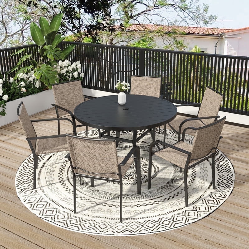 7-Peices Outdoor Patio Dining Set Stacking Chairs and 48" Round Table Furniture Set for 6 Person