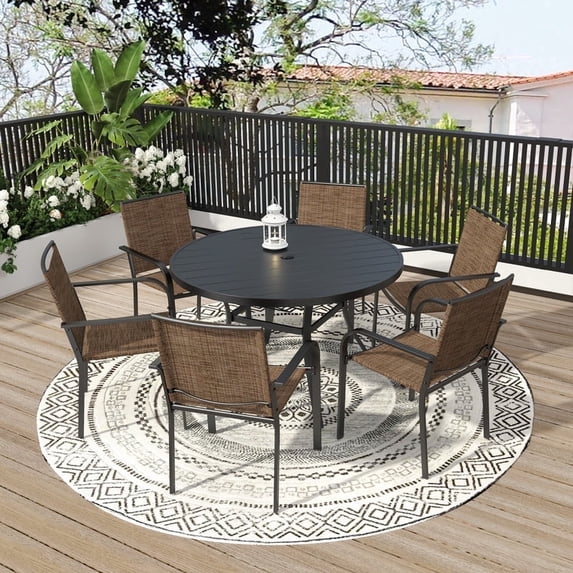 7-Peices Outdoor Patio Dining Set Stacking Chairs and 48" Round Table Furniture Set for 6 Person