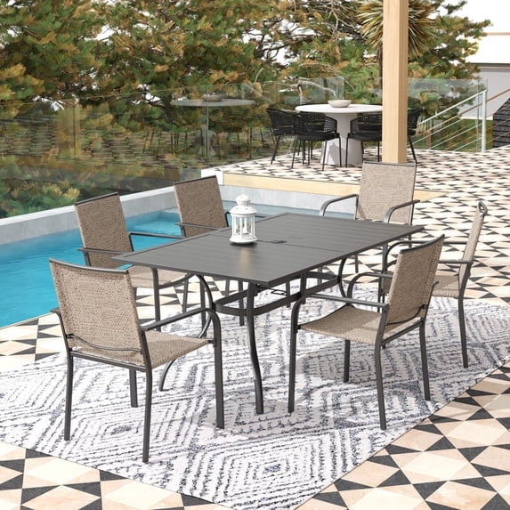 7-Peices Outdoor Patio Dining Set Stacking Chairs and Rectangular Table Furniture Set for 6 Person