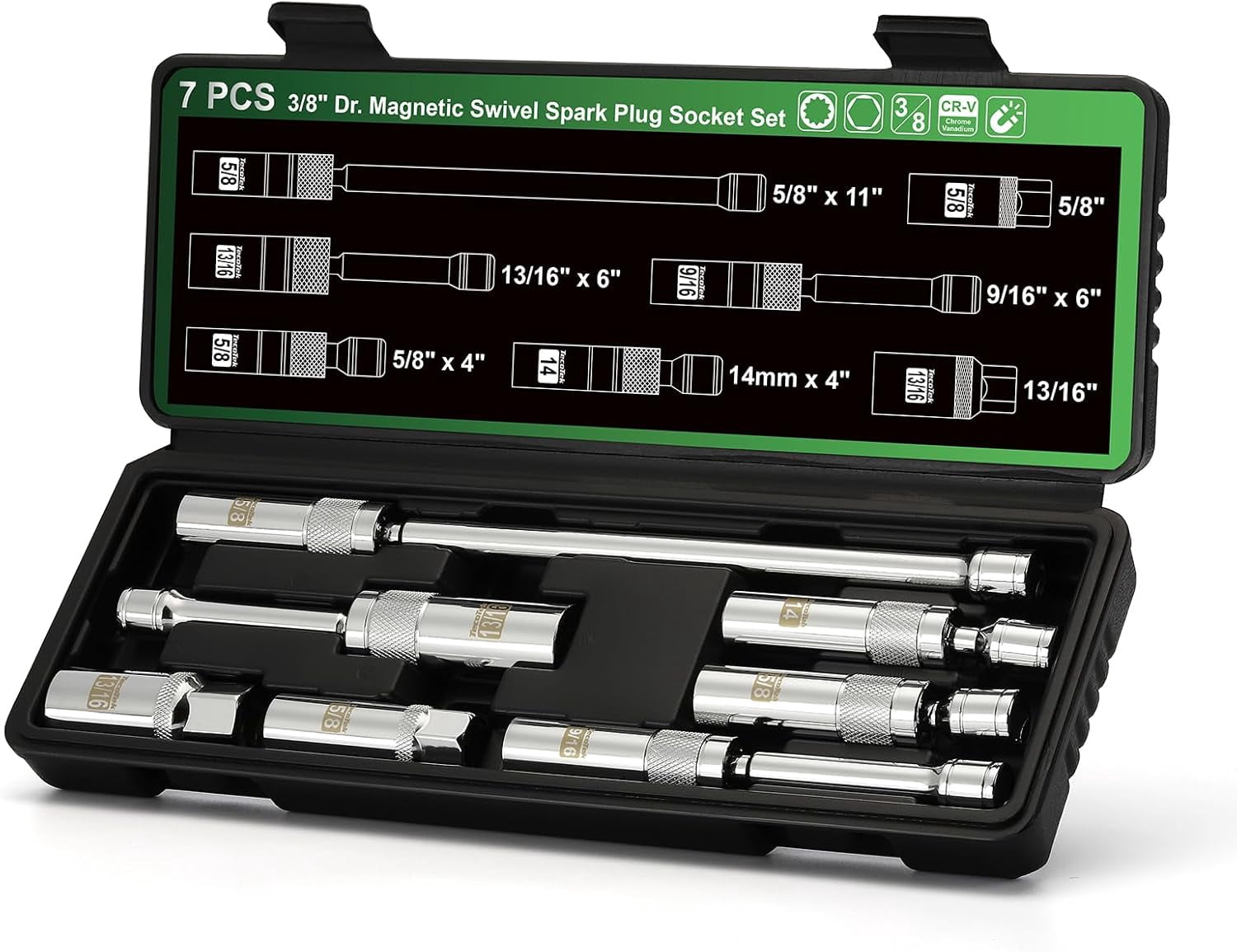 7 Piece 3/8-Inch Drive Magnetic Swivel Spark Plug Socket Set, Includes 9/16-Inch, 13/16-Inch, 5/8-Inch, 14mm Socket, 6-Point &12-Point, CR-V, Enhanced Magnetic Design with Thin Wall Socket