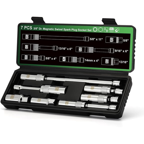 7 Piece 3/8-Inch Drive Magnetic Swivel Spark Plug Socket Set, Includes 9/16-Inch, 13/16-Inch, 5/8-Inch, 14mm Socket, 6-Point &12-Point, CR-V, Enhanced Magnetic Design with Thin Wall Socket