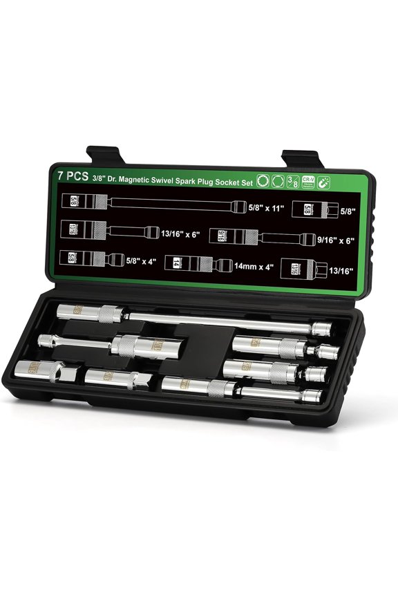 7 Piece 3/8-Inch Drive Magnetic Swivel Spark Plug Socket Set, Includes 9/16-Inch, 13/16-Inch, 5/8-Inch, 14mm Socket, 6-Point &12-Point, CR-V, Enhanced Magnetic Design with Thin Wall Socket