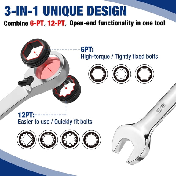 7-Piece 3-in-1 Reversible Ratchet Wrench Set, SAE 5/16" to 3/4", 6PT &12PT & Open-End Wrenches, 72-Teeth Ratcheting Combination Wrench with Rolling Pouch