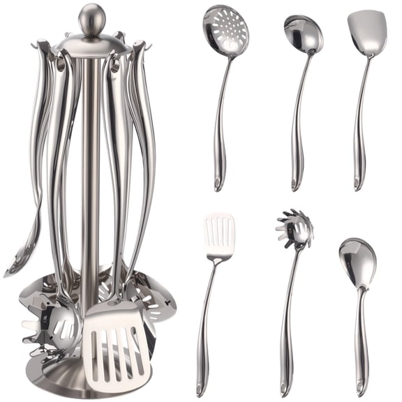 7-Piece 304 Stainless Steel Kitchen Utensil Set, Complete Cooking Tools Set with Turner, Soup Ladle, Skimmer, Slotted Spatula, Pasta Server, Solid Spoon, and a 360 Degree Rotating Holder