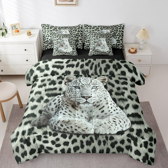 7 Piece 3D Leopard Bed In A Bag King,Grey Leopard Print Comforter Set,Animal Bedding Set,Jungle Cheetah Quilt with Flat Fitted Sheet,Wildlife Abstract Art Pillow Covers