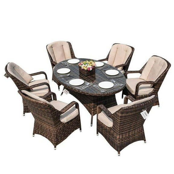 7 Piece 6 Seat Outdoor Garden Lamao Rattan Oval Dining Table and Chairs Set