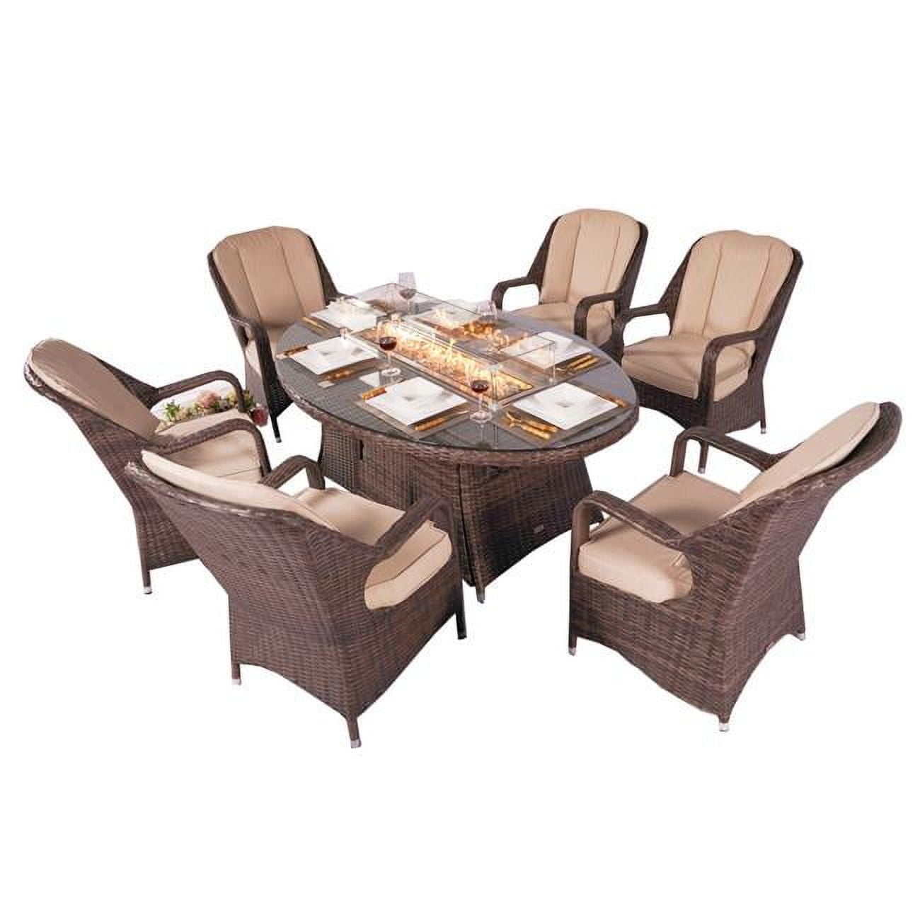 7 Piece 6Seat PE Rattan Wicker Outdoor Patio and Garden Oval Fire Pit Dining Table Chair Set