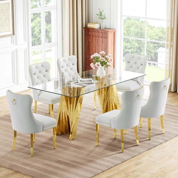 7-Piece 70" Glass Dining Table Set for 6, Tempered Glass Top with Flash-Shaped Irregular Mirror Stainless Steel Base, 6 Button-Tufted Velvet Chairs with Stainless Steel Legs