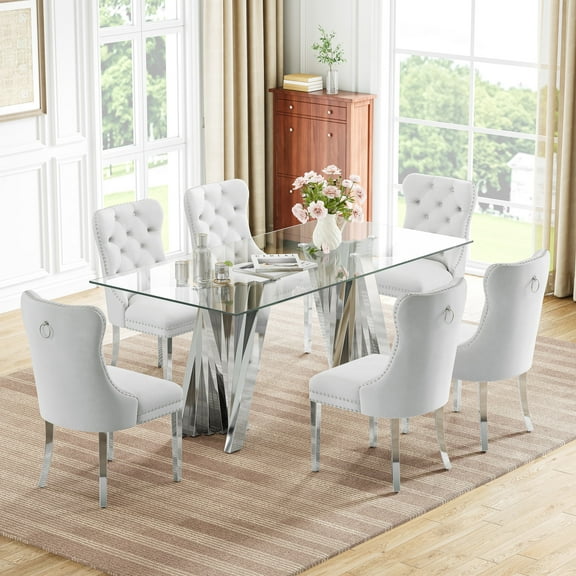 7-Piece 70" Glass Dining Table Set for 6, Tempered Glass Top with Flash-Shaped Irregular Mirror Stainless Steel Base, 6 Button-Tufted Velvet Chairs with Stainless Steel Legs