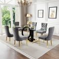 thumbnail image 1 of 7-Piece 70" Glass Dining Table Set, Tempered Glass Top with Double O-Shape Frame & Stainless Steel Base, 6 Velvet Chairs with Stainless Steel Legs, 1 of 6