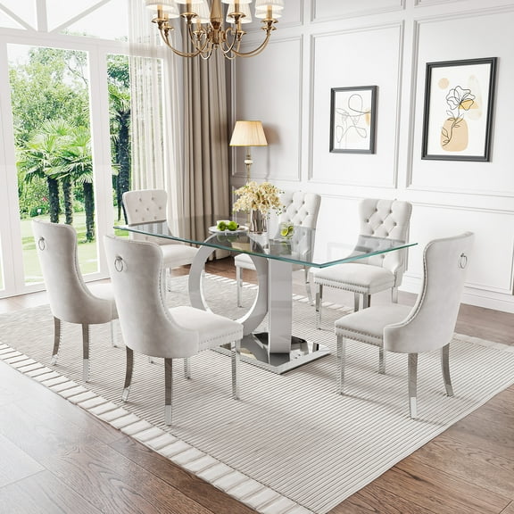 7-Piece 70" Glass Dining Table Set, Tempered Glass Top with Double O-Shape Frame & Stainless Steel Base, 6 Velvet Chairs with Stainless Steel Legs