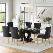 7-Piece 70" Glass Dining Table Set, Tempered Glass Top with OC Shape Frame & Stainless Steel Base, 6 Velvet Chairs with Stainless Steel Legs