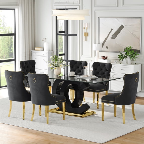 7-Piece 70" Glass Dining Table Set, Tempered Glass Top with OC Shape Frame & Stainless Steel Base, 6 Velvet Chairs with Stainless Steel Legs