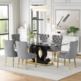 thumbnail image 1 of 7-Piece 70" Glass Dining Table Set, Tempered Glass Top with OC Shape Frame & Stainless Steel Base, 6 Velvet Chairs with Stainless Steel Legs, 1 of 7