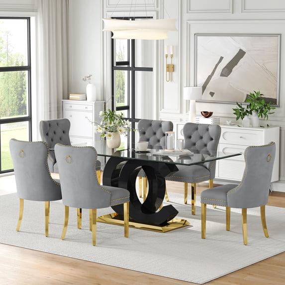 7-Piece 70" Glass Dining Table Set, Tempered Glass Top with OC Shape Frame & Stainless Steel Base, 6 Velvet Chairs with Stainless Steel Legs