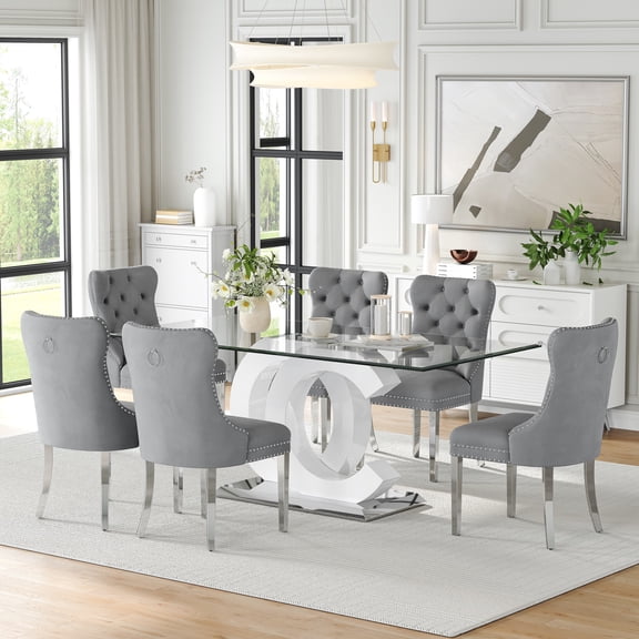 7-Piece 70" Glass Dining Table Set, Tempered Glass Top with OC Shape Frame & Stainless Steel Base, 6 Velvet Chairs with Stainless Steel Legs