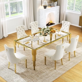 7-Piece 80" Glass Dining Table Set for 6, Tempered Glass Top with Flute-Inspired Mirrored Stainless Steel Legs, 6 Button-Tufted Velvet Chairs with Stainless Steel Legs