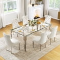 thumbnail image 1 of 7-Piece 80" Glass Dining Table Set for 6, Tempered Glass Top with Flute-Inspired Mirrored Stainless Steel Legs, 6 Button-Tufted Velvet Chairs with Stainless Steel Legs, 1 of 8