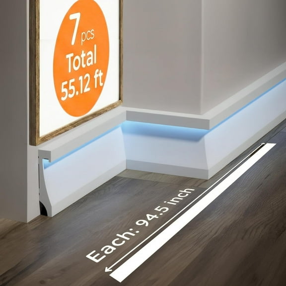 7-Piece 94.5″ (55.12 ft) LED Baseboard & Crown Molding with Duct Kit for Seamless Ambient Home Accent Lighting | Waterproof Channel for Easy LED Strip Installation (Baseboard Molding | ASL-004-A)