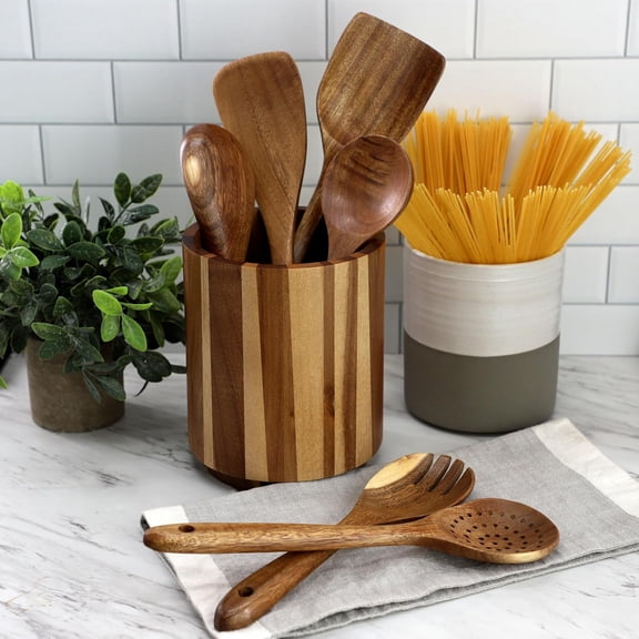 7 Piece Acacia Wood Kitchen Cooking Utensil Set with Rotating Crock, Non-Stick Safe Tools for Farmhouse Modern Decor