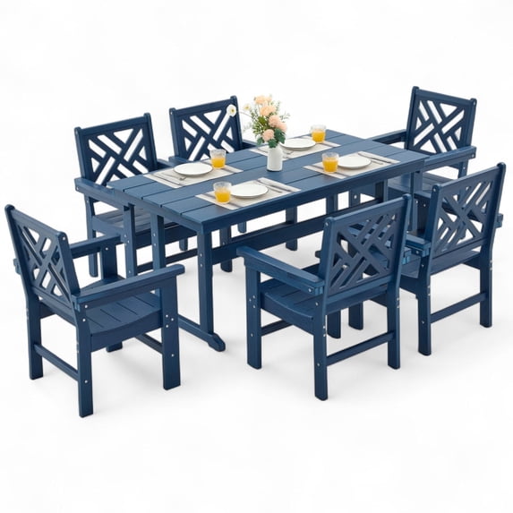 7-Piece All-Weather HDPE Patio Dining Set for 6 with Umbrella Hole (Blue)