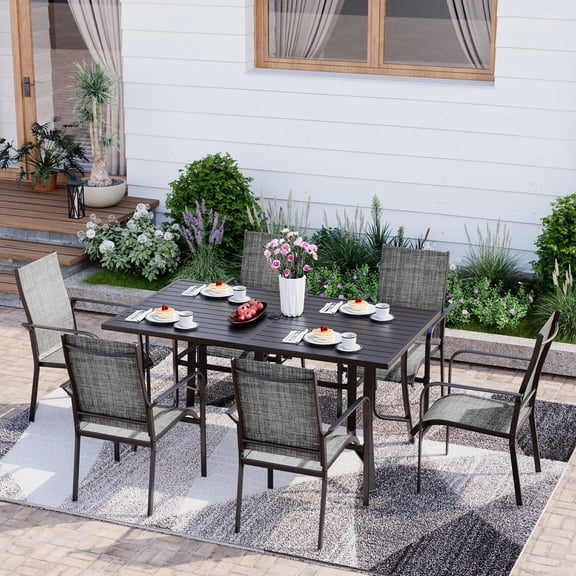 7-Piece All-Weather Patio Dining Set with 6 Textilene Chairs & Rust-Resistant Iron Table, Adjustable Umbrella Hole for Poolside, Backyard, Deck, Lawn, Blue/Brown/Gray