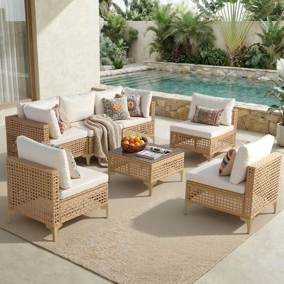 7-Piece All-Weather Wicker Outdoor Patio Conversation Set with Coffee Table,High Back & Thick Cushions for Garden Porch Poolside