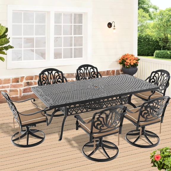 7-Piece Aluminum Dining Set with 6 Swivel Chairs | Ideal for Garden Dining and Relaxation | 100% Aluminum with High-Temp Polyester Coating | Comfortable Seating with Free Cushions