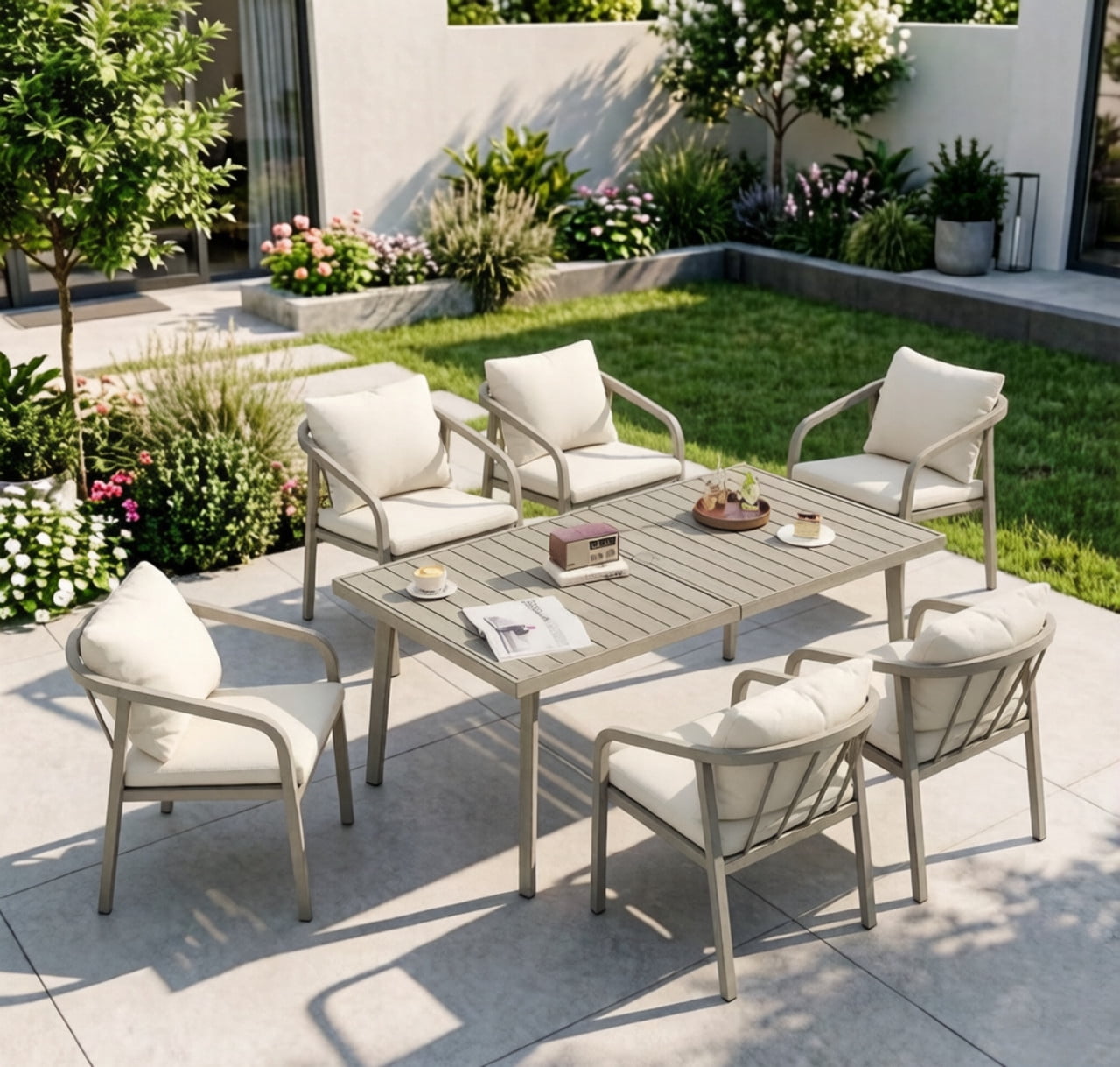 7-Piece Aluminum Outdoor Dining Table Set for 6, Patio Dining Chairs Set of 6 with Cushions, Weather-Resistant Armchairs & Kitchen Table
