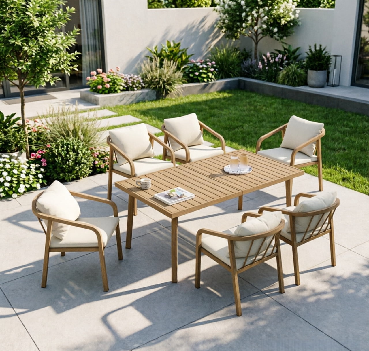 7-Piece Aluminum Outdoor Dining Table Set for 6, Patio Dining Chairs Set of 6 with Cushions, Weather-Resistant Armchairs & Kitchen Table