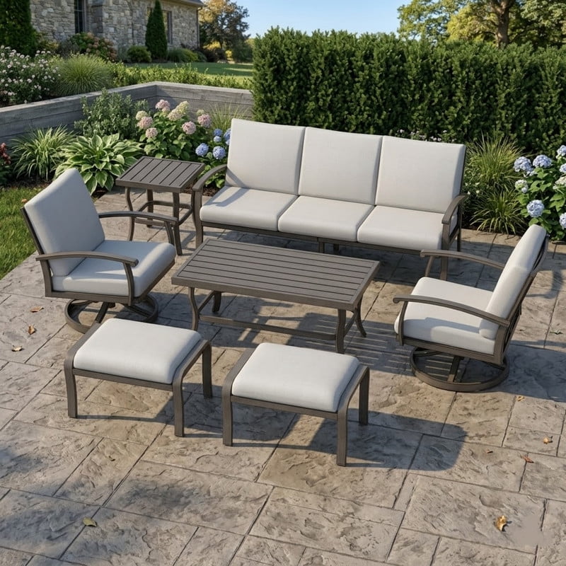 7 Piece Aluminum Patio Furniture Set, 3-Seat Outdoor Sofa with Ottoman and Swivel Armchair, Outdoor Sectional Sofa with Side Table and Coffee Table, Garden Conversation Set