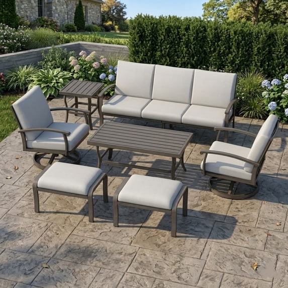 7 Piece Aluminum Patio Furniture Set, 3-Seat Outdoor Sofa with Ottoman and Swivel Armchair, Outdoor Sectional Sofa with Side Table and Coffee Table, Garden Conversation Set
