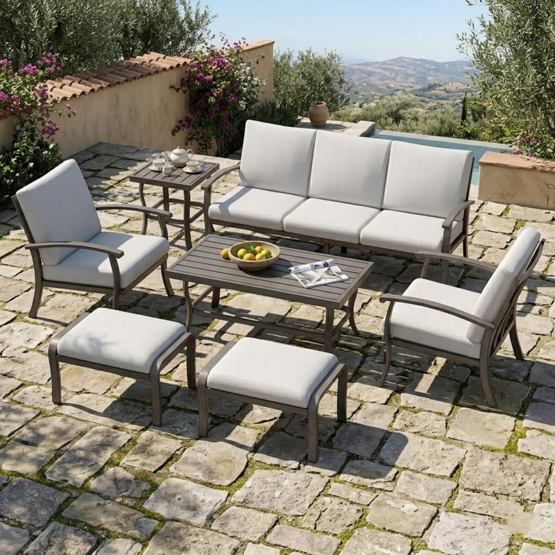 7 Piece Aluminum Patio Furniture Set, 3-Seat Outdoor Sofa with Ottomans and Armchairs, Outdoor Sectional Sofa with Side Table and Coffee Table, Garden Conversation Set