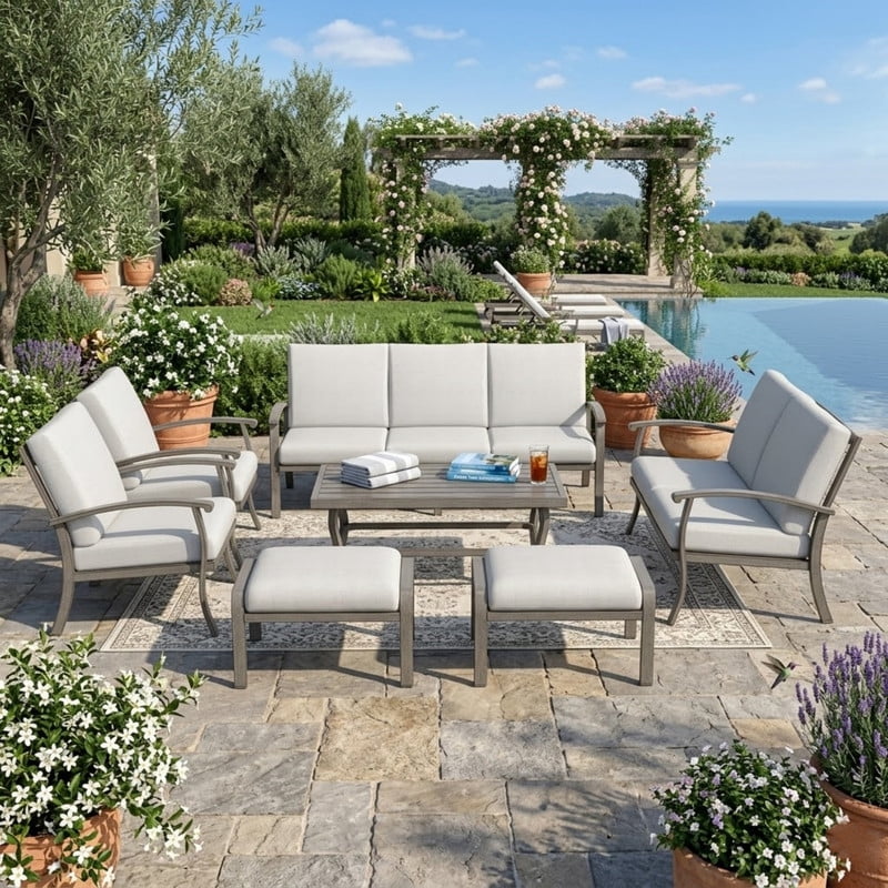7 Piece Aluminum Patio Furniture Set, 3-Seat Sofa with Outdoor Loveseat, Outdoor Sectional Sofa with Ottomans and Coffee Table, Garden Conversation Set with Armchairs for Lawn Deck