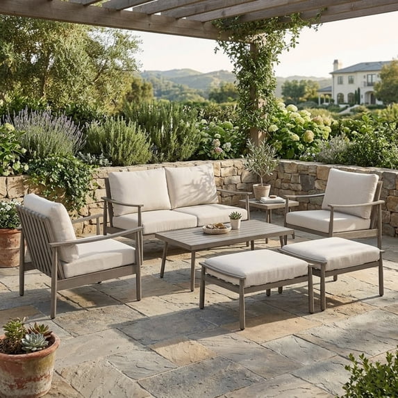 7 Piece Aluminum Patio Furniture Set, Outdoor Armchair with Loveseat, All-Weather Outdoor Sectional Sofa with Side Table and Coffee Table