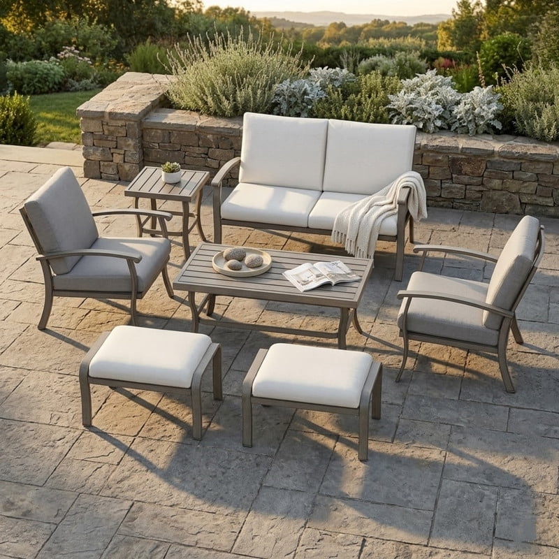 7 Piece Aluminum Patio Furniture Set, Outdoor Armchairs with Ottomans and Loveseat, Outdoor Sectional Sofa with Side Table and Coffee Table, Garden Conversation Set for Lawn